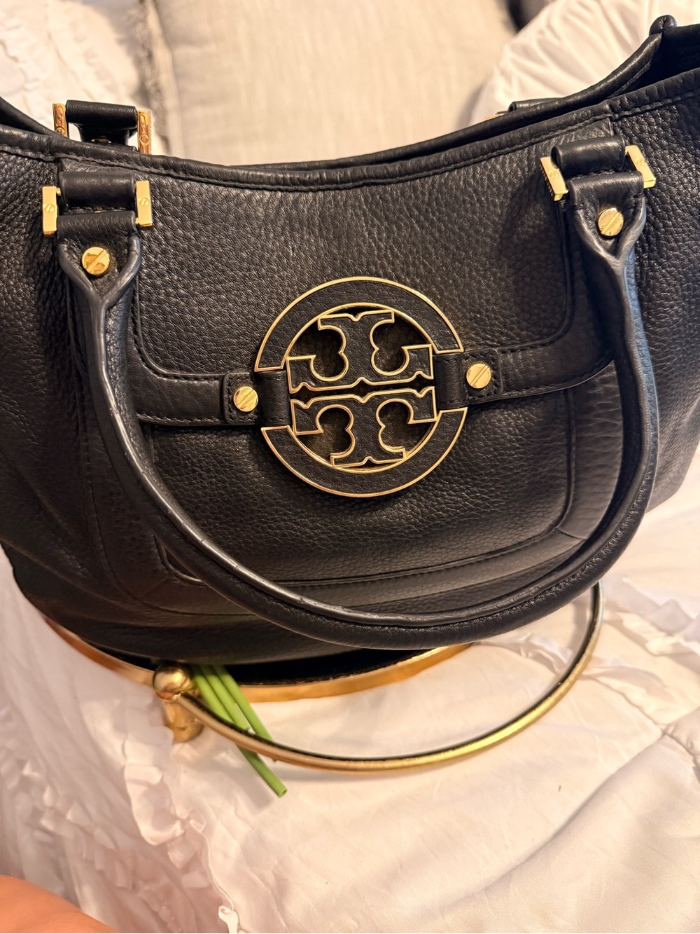 Tory Burch Black Pebbled Leather Logo Shoulder Bag with Gold Hardware